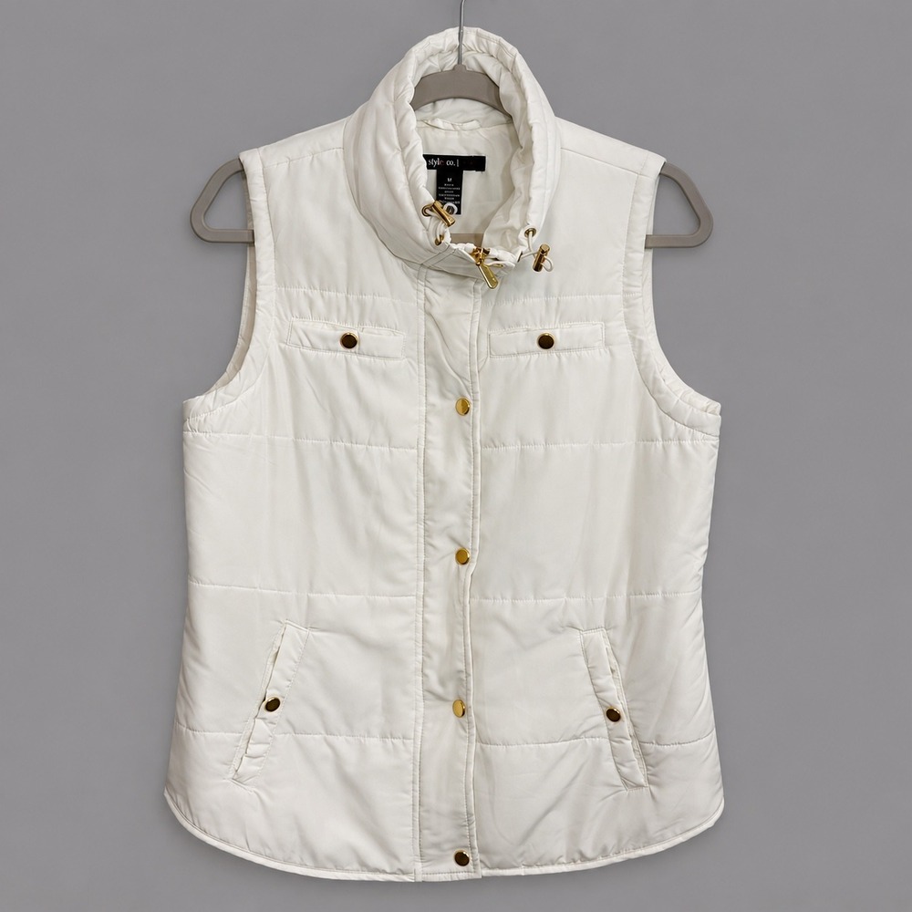 Style Co Womens Puffer Vest M White Quilted Sporty Casual Quilted Layering